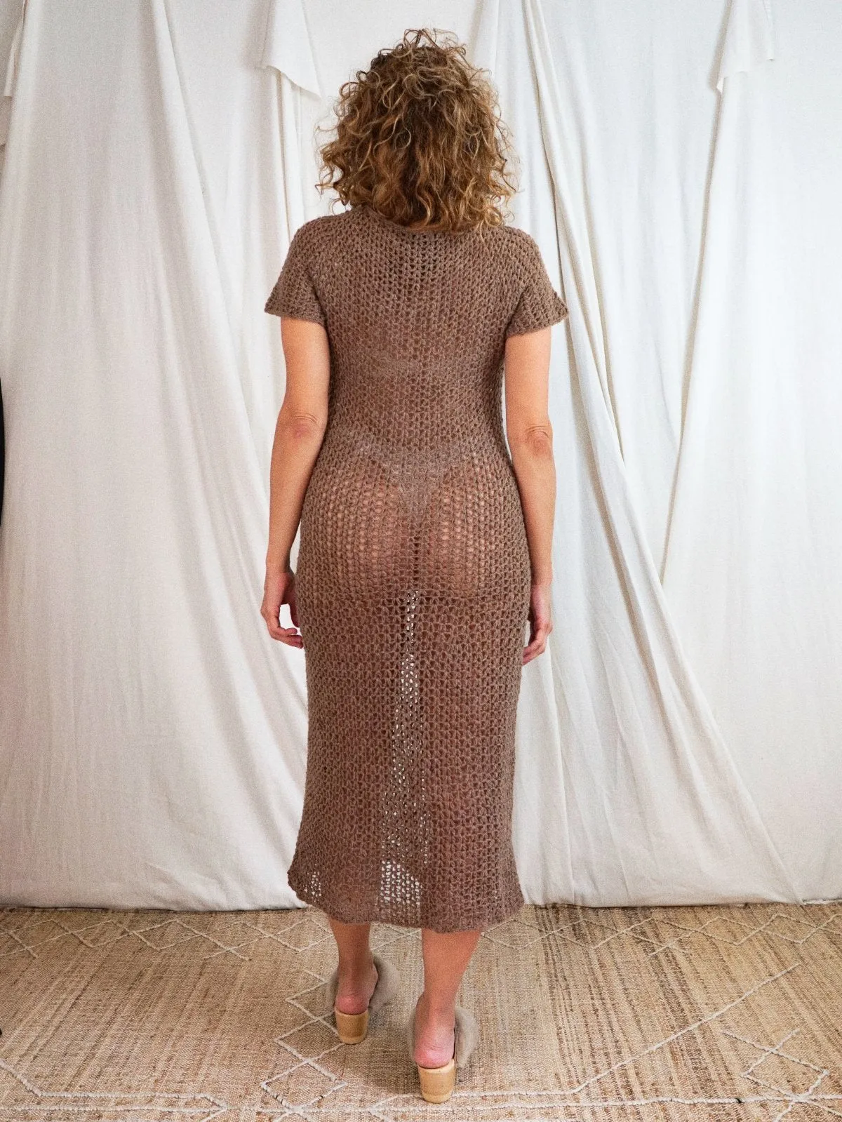 Handknit Nutmeg Fishnet Crochet Sweater Dress