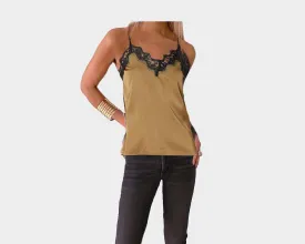 Italian Black Lace Deep Gold Spaghetti Strap Tank Top - The Roma di Moda