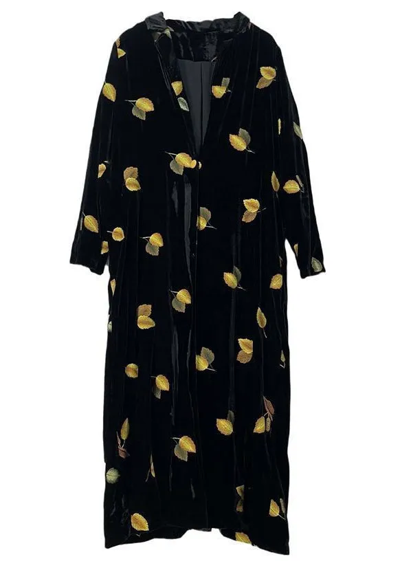 Italian Black Notched Embroideried Patchwork Silk Long Coat Long Sleeve