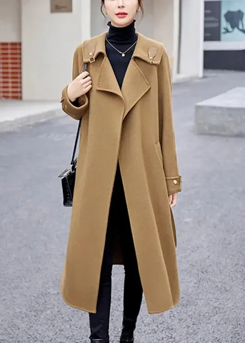 Khaki Tie Waist Patchwork Cashmere Coat Sailor Collar Long Sleeve ML2743