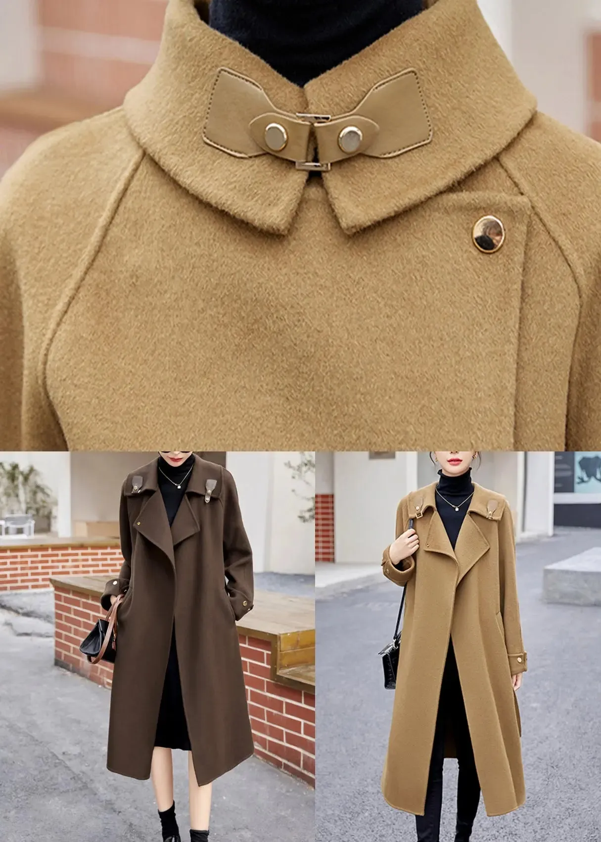 Khaki Tie Waist Patchwork Cashmere Coat Sailor Collar Long Sleeve ML2743