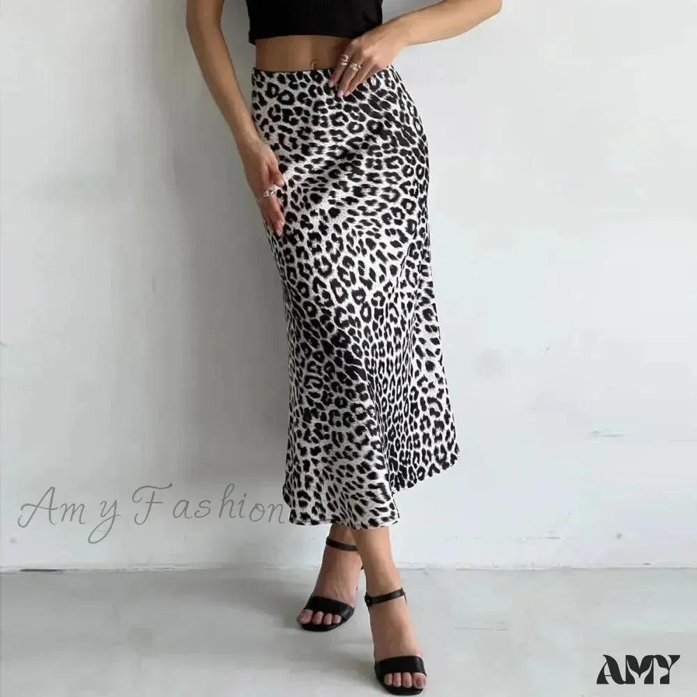 Leopard Printed Long Summer Elegant High Waist Satin Silk A-Line Skirt