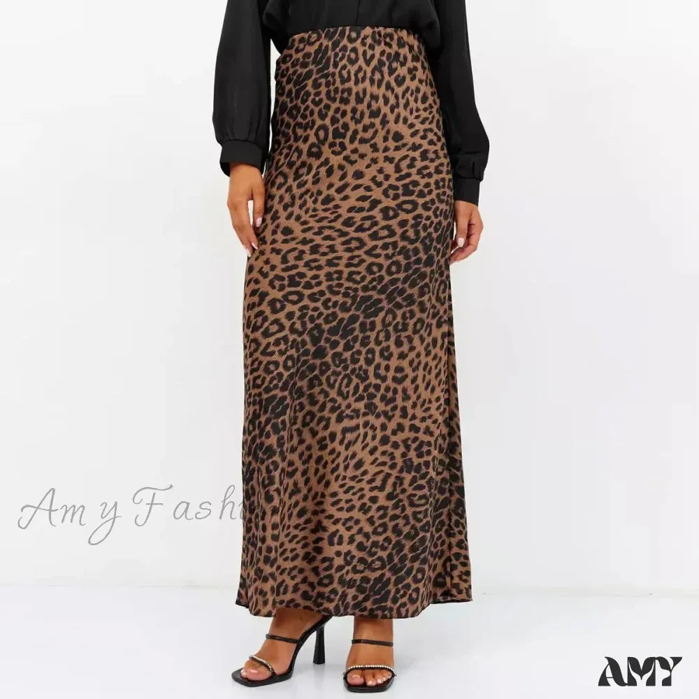 Leopard Printed Long Summer Elegant High Waist Satin Silk A-Line Skirt