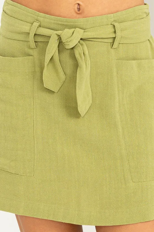 Light Olive Better Days Tie-Belt Mini Skirt