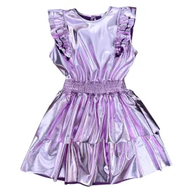 Little Mass Pink Metallic Dress wirh Ruffle Sleeve and Multi Ruffle Skirt