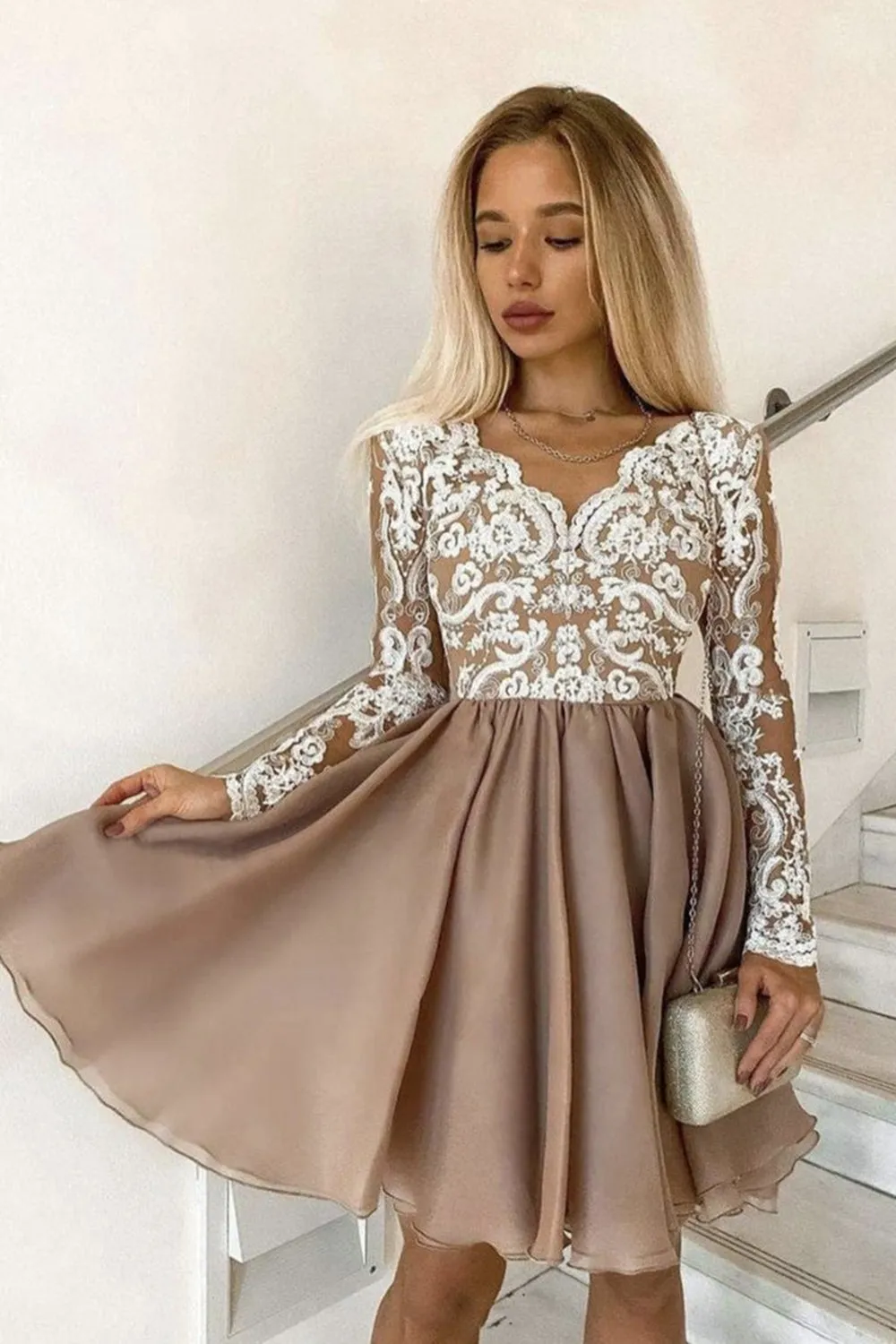 Long Sleeves V Neck Champagne Lace Long Prom Dresses, Long Sleeves Champagne Homecoming Dress, Champagne Lace Formal Evening Dress