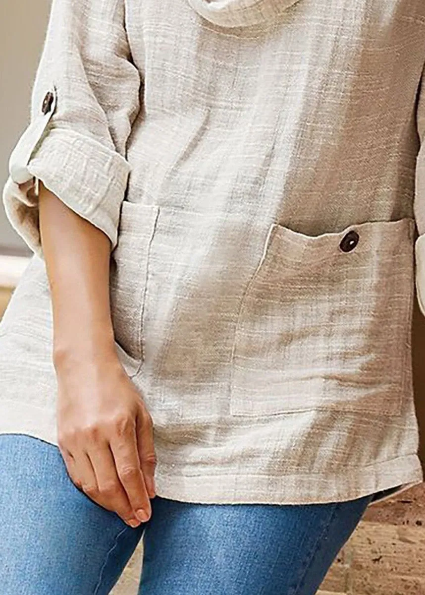 Loose Apricot Button Pockets Linen Shirt Long Sleeve FF055