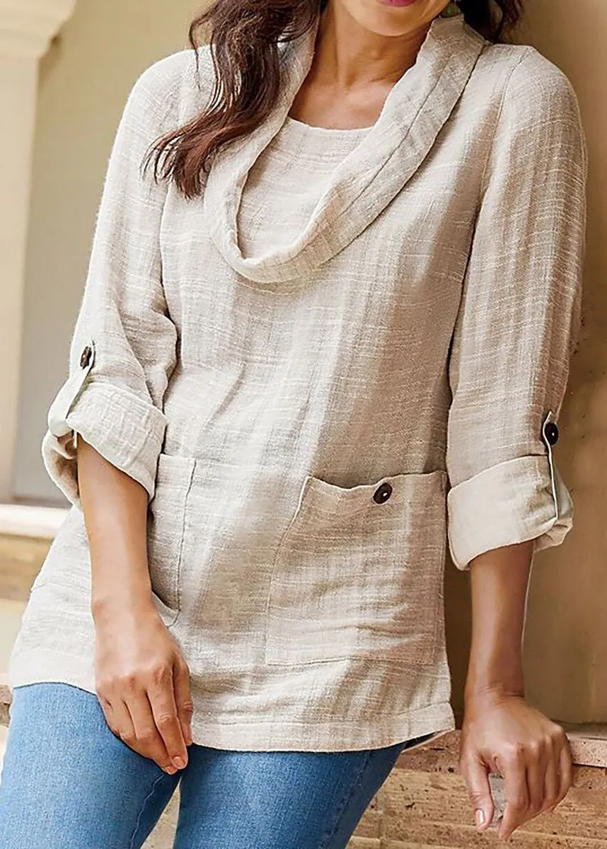 Loose Apricot Button Pockets Linen Shirt Long Sleeve FF055