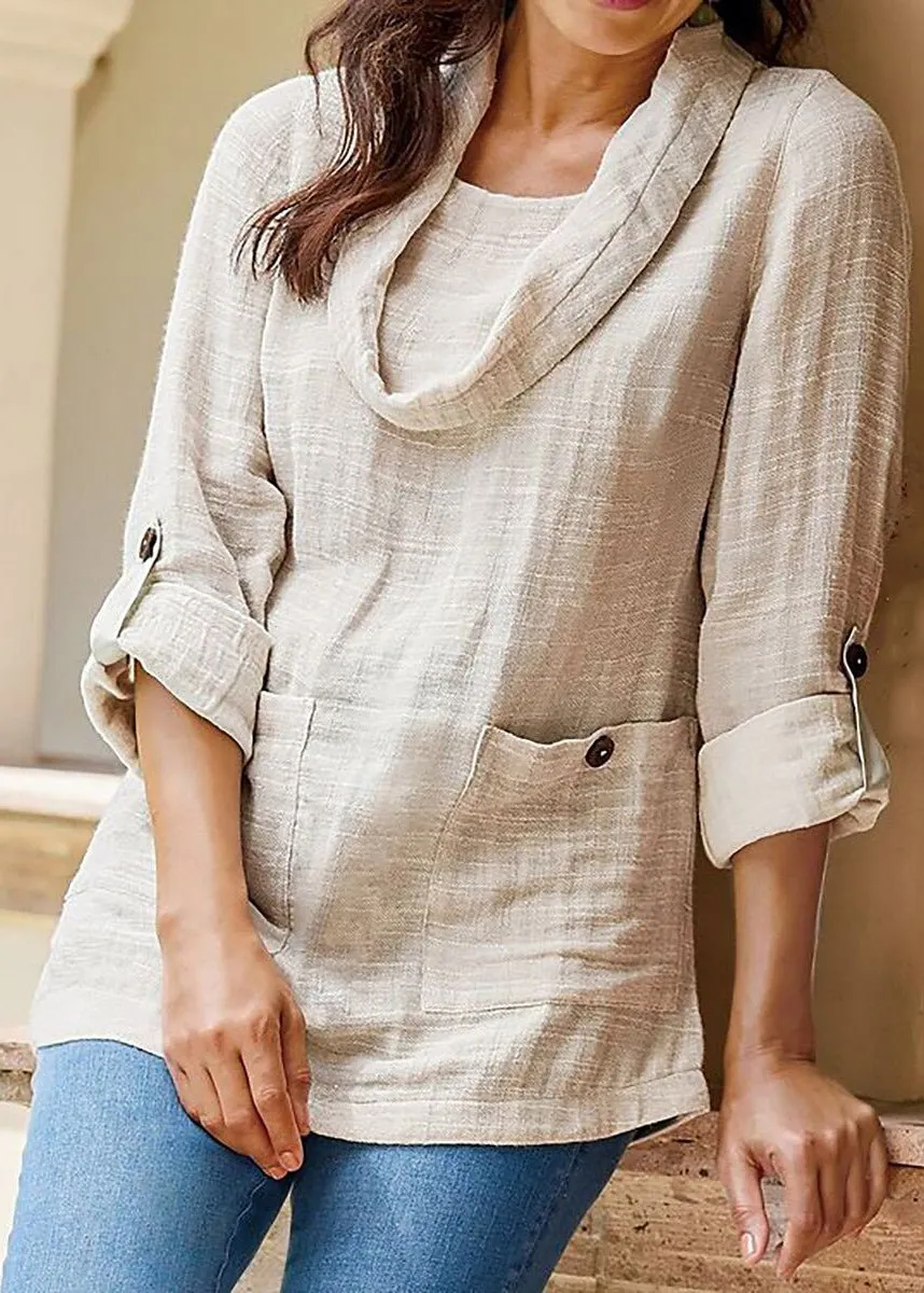 Loose Apricot Button Pockets Linen Shirt Long Sleeve FF055