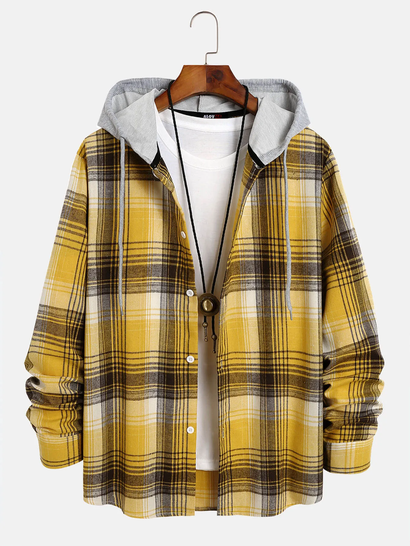 Mens Plaid Flannel Long Sleeve Button Up Hoodie