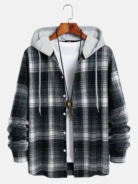 Mens Plaid Flannel Long Sleeve Button Up Hoodie