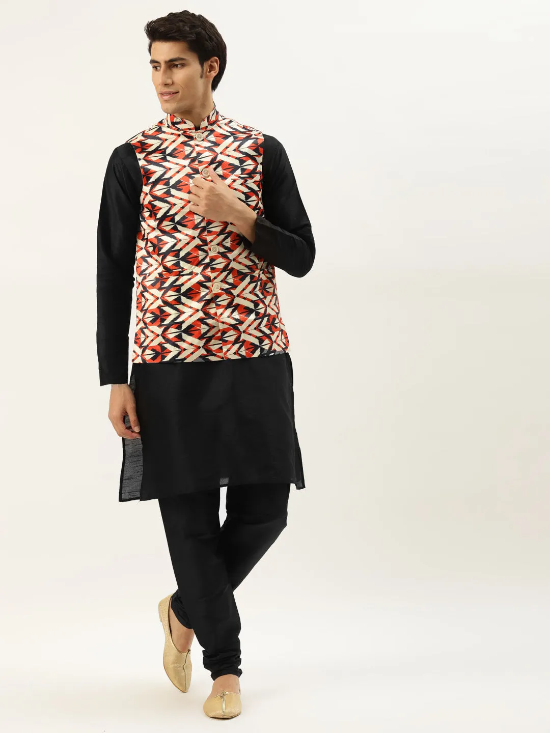 Men's Silk Blend Black Kurta Pyjama & Cream Nehrujacket Combo - Sojanya