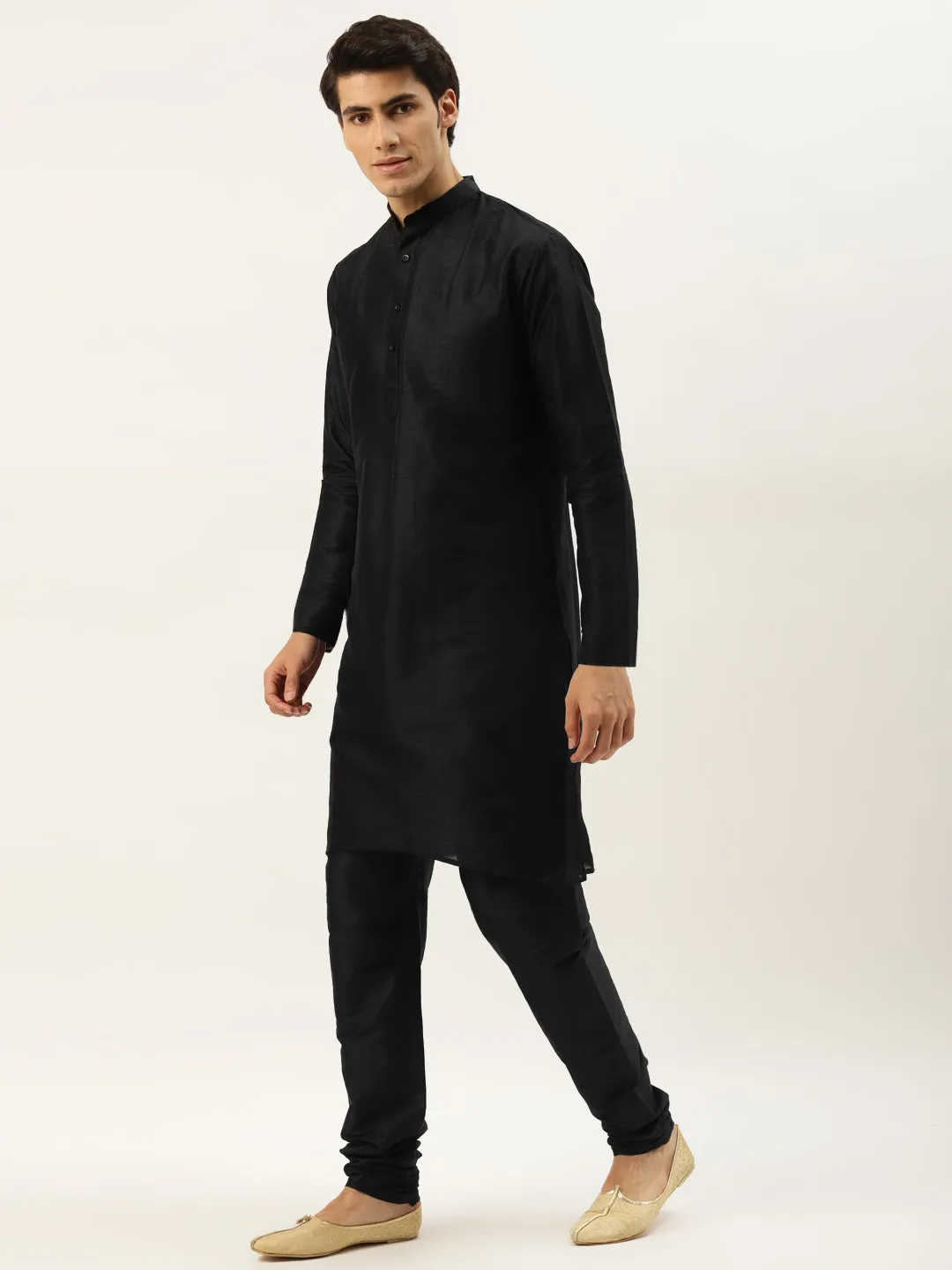 Men's Silk Blend Black Kurta Pyjama & Cream Nehrujacket Combo - Sojanya