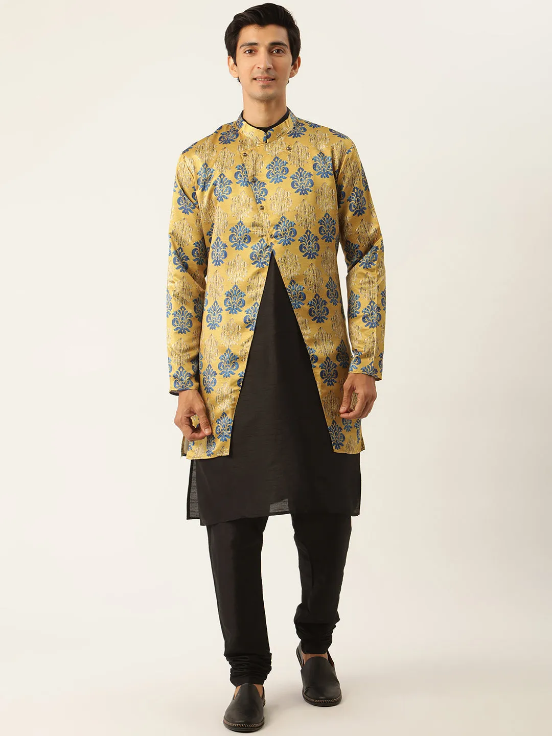 Men's Silk Blend Black Kurta Pyjama & Gold Jacket Combo - Sojanya