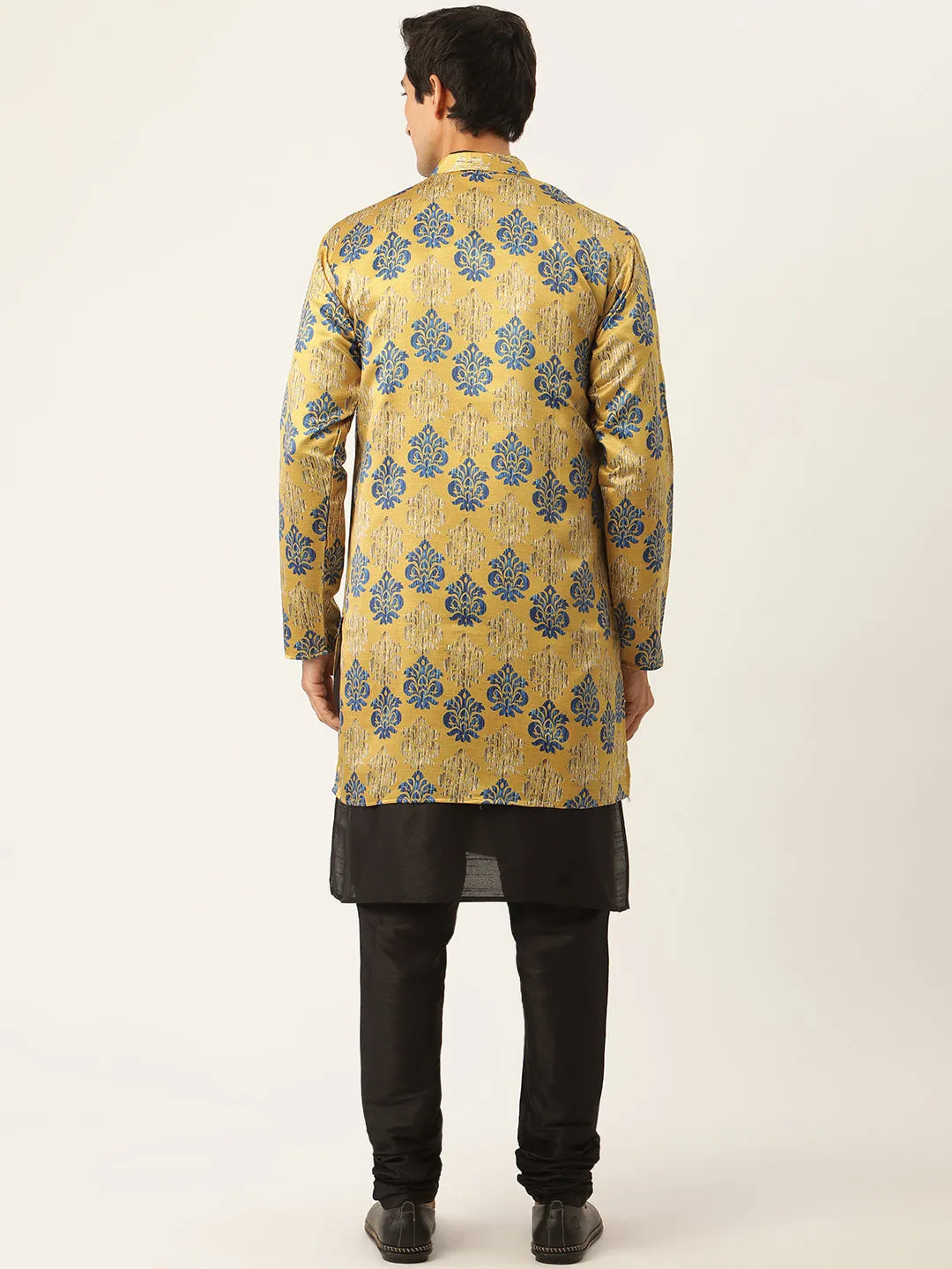 Men's Silk Blend Black Kurta Pyjama & Gold Jacket Combo - Sojanya