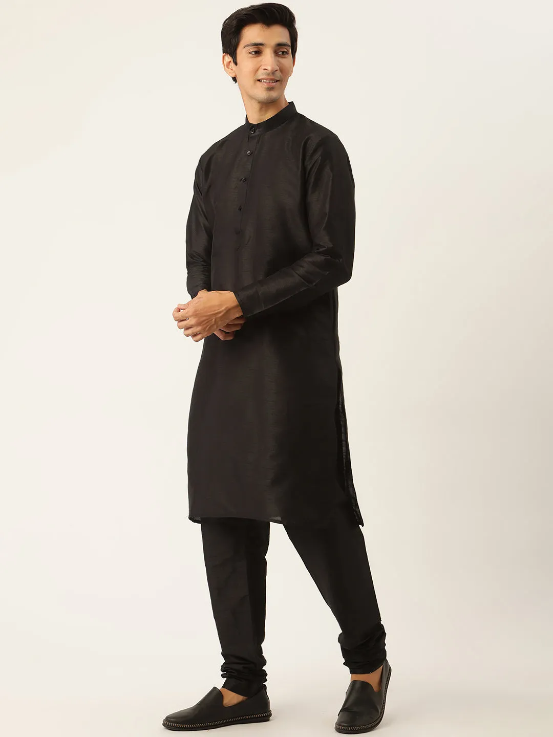 Men's Silk Blend Black Kurta Pyjama & Gold Jacket Combo - Sojanya