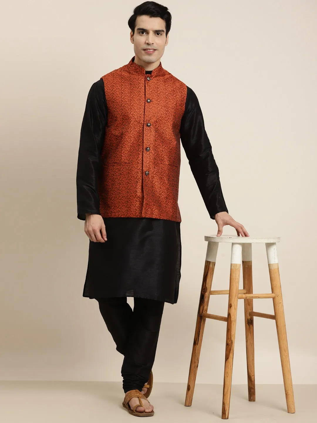 Men's Silk Blend Black Kurta Pyjama & Silk Blend Orange Self Design Nehrujacket - Sojanya