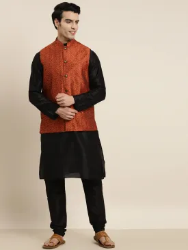 Men's Silk Blend Black Kurta Pyjama & Silk Blend Orange Self Design Nehrujacket - Sojanya