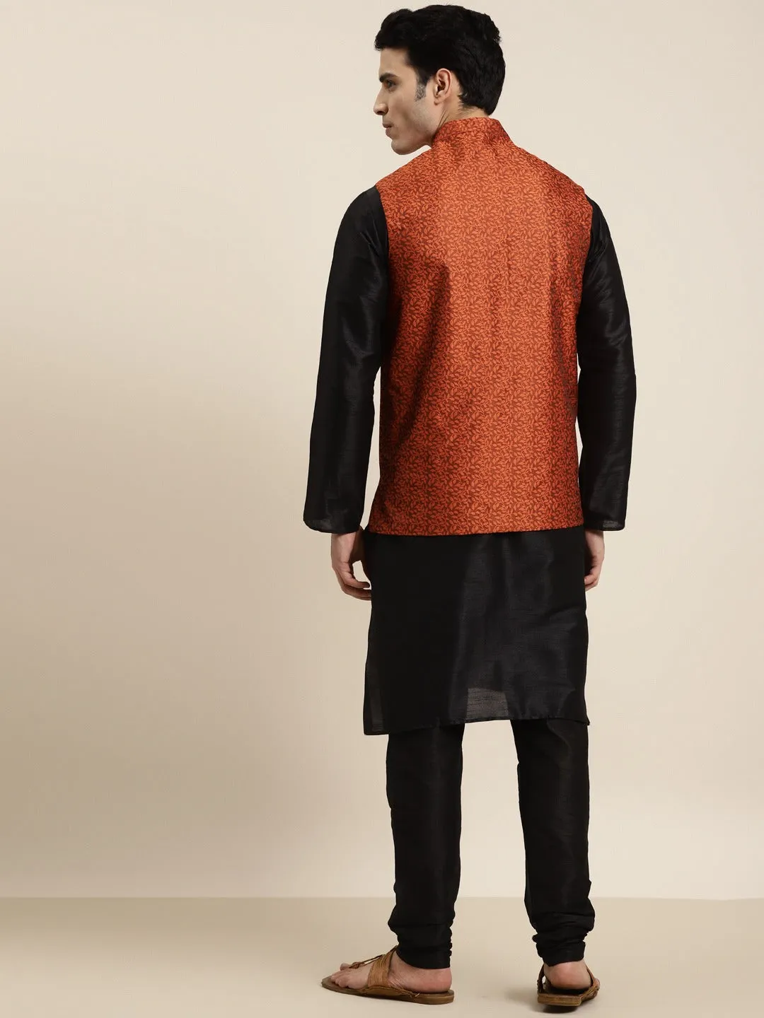 Men's Silk Blend Black Kurta Pyjama & Silk Blend Orange Self Design Nehrujacket - Sojanya