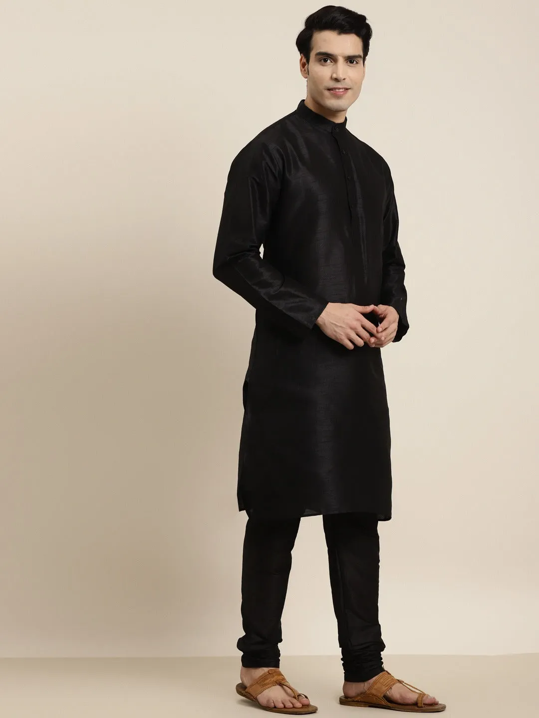 Men's Silk Blend Black Kurta Pyjama & Silk Blend Orange Self Design Nehrujacket - Sojanya