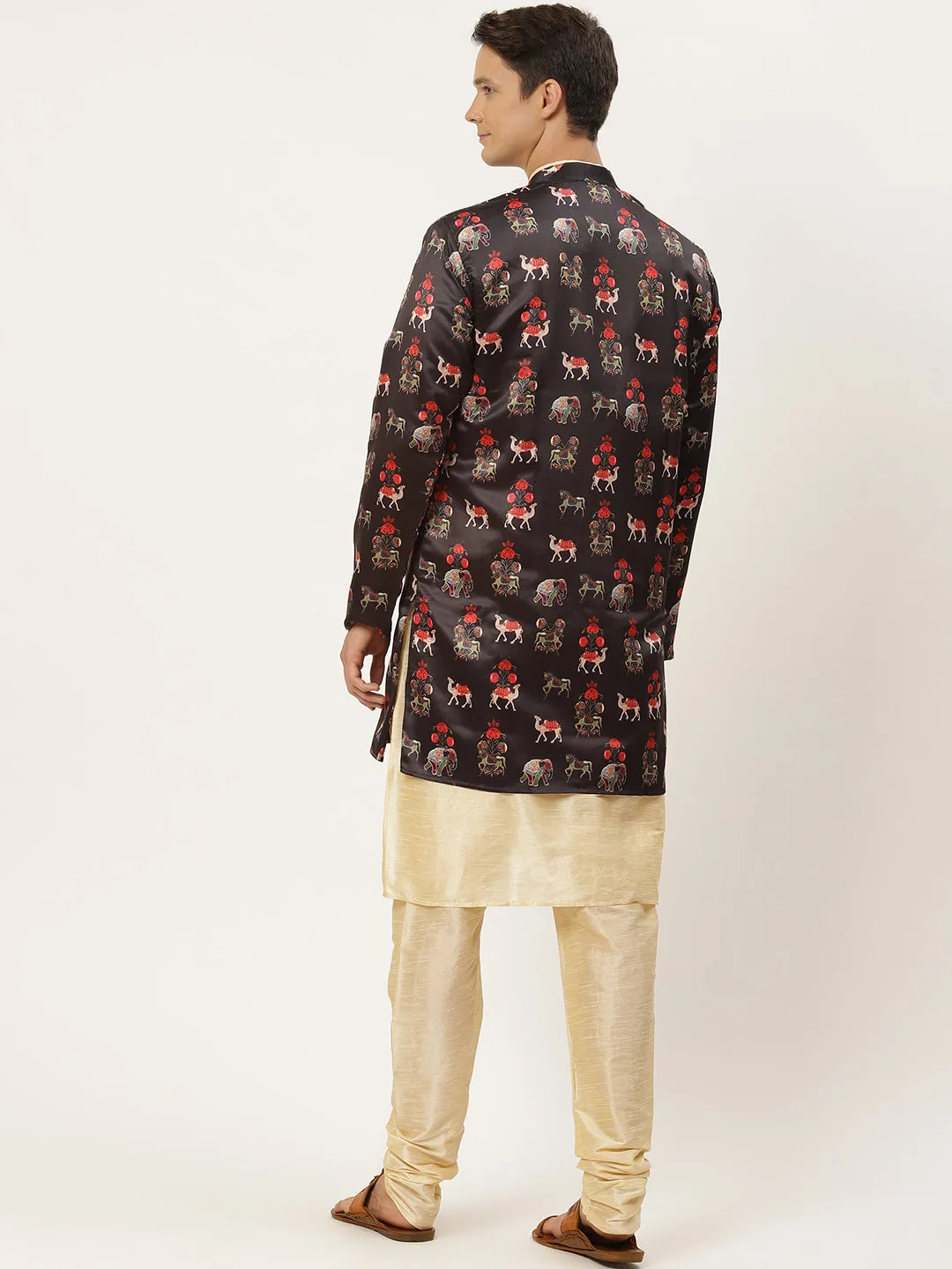 Men's Silk Blend Gold Kurta Pyjama & Black Jacket Combo - Sojanya