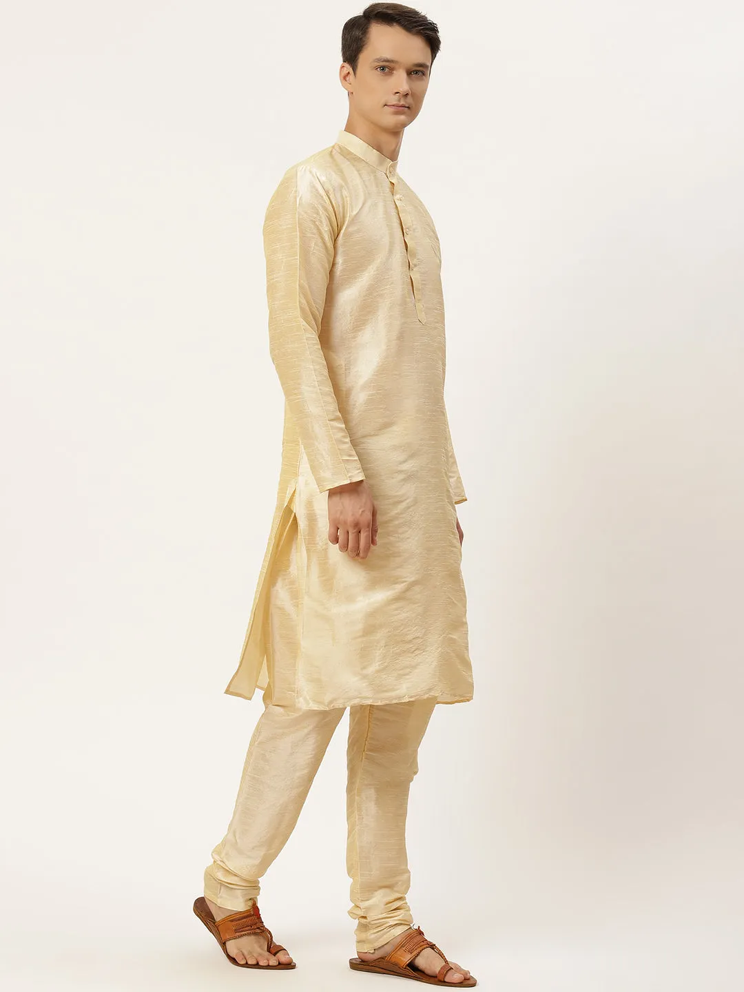 Men's Silk Blend Gold Kurta Pyjama & Black Jacket Combo - Sojanya