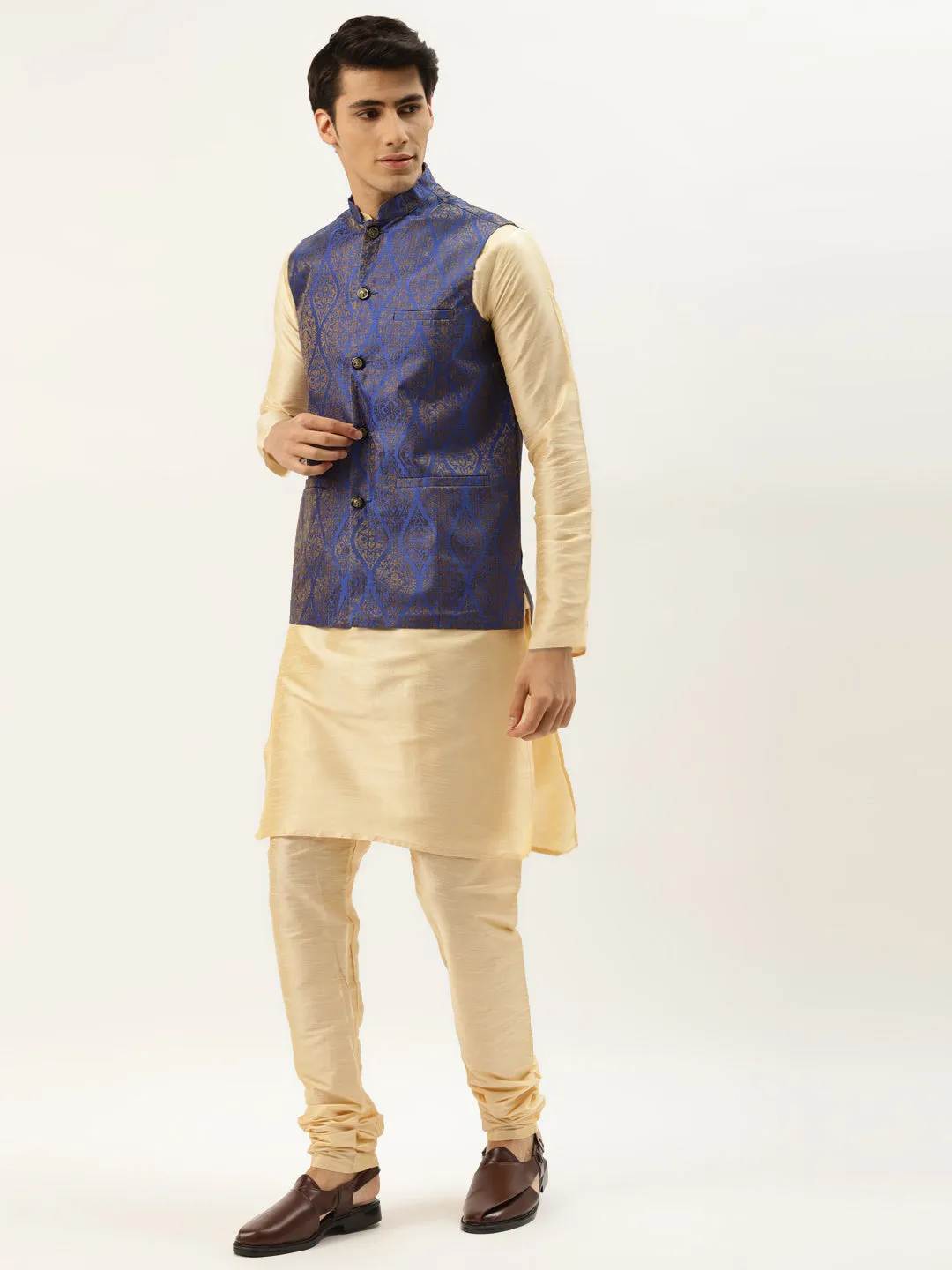 Men's Silk Blend Gold Kurta Pyjama & Blue Nehrujacket Combo - Sojanya