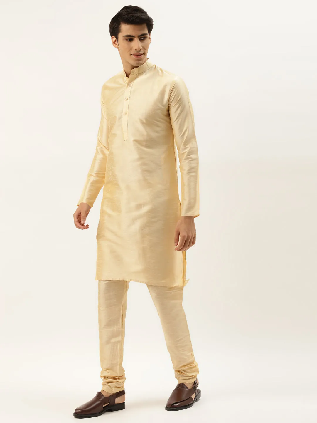 Men's Silk Blend Gold Kurta Pyjama & Blue Nehrujacket Combo - Sojanya