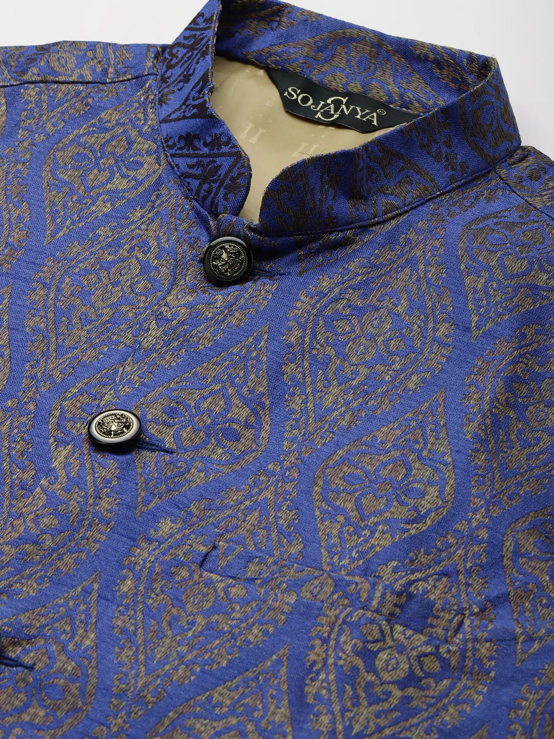 Men's Silk Blend Gold Kurta Pyjama & Blue Nehrujacket Combo - Sojanya