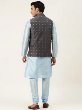 Men's Silk Blend Skyblue Kurta Pyjama & Grey Nehrujacket Combo - Sojanya