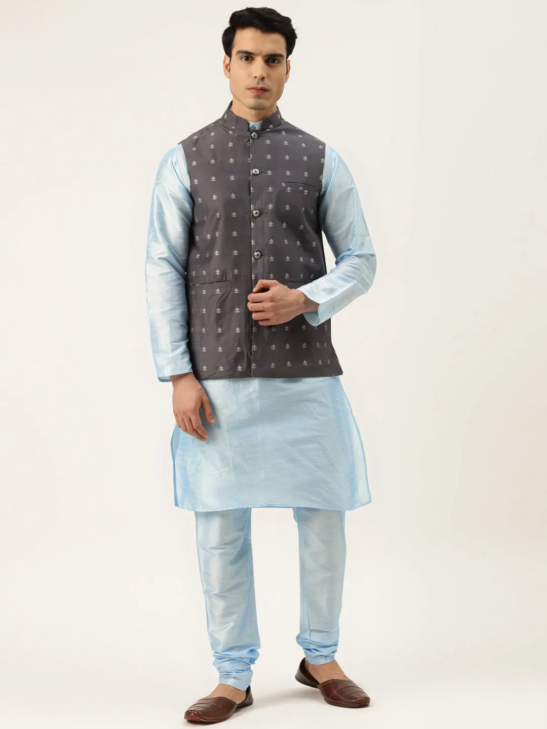 Men's Silk Blend Skyblue Kurta Pyjama & Grey Nehrujacket Combo - Sojanya