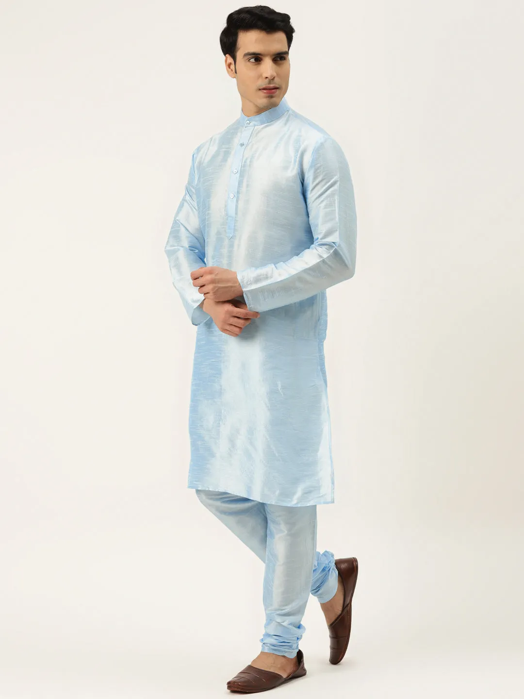 Men's Silk Blend Skyblue Kurta Pyjama & Grey Nehrujacket Combo - Sojanya