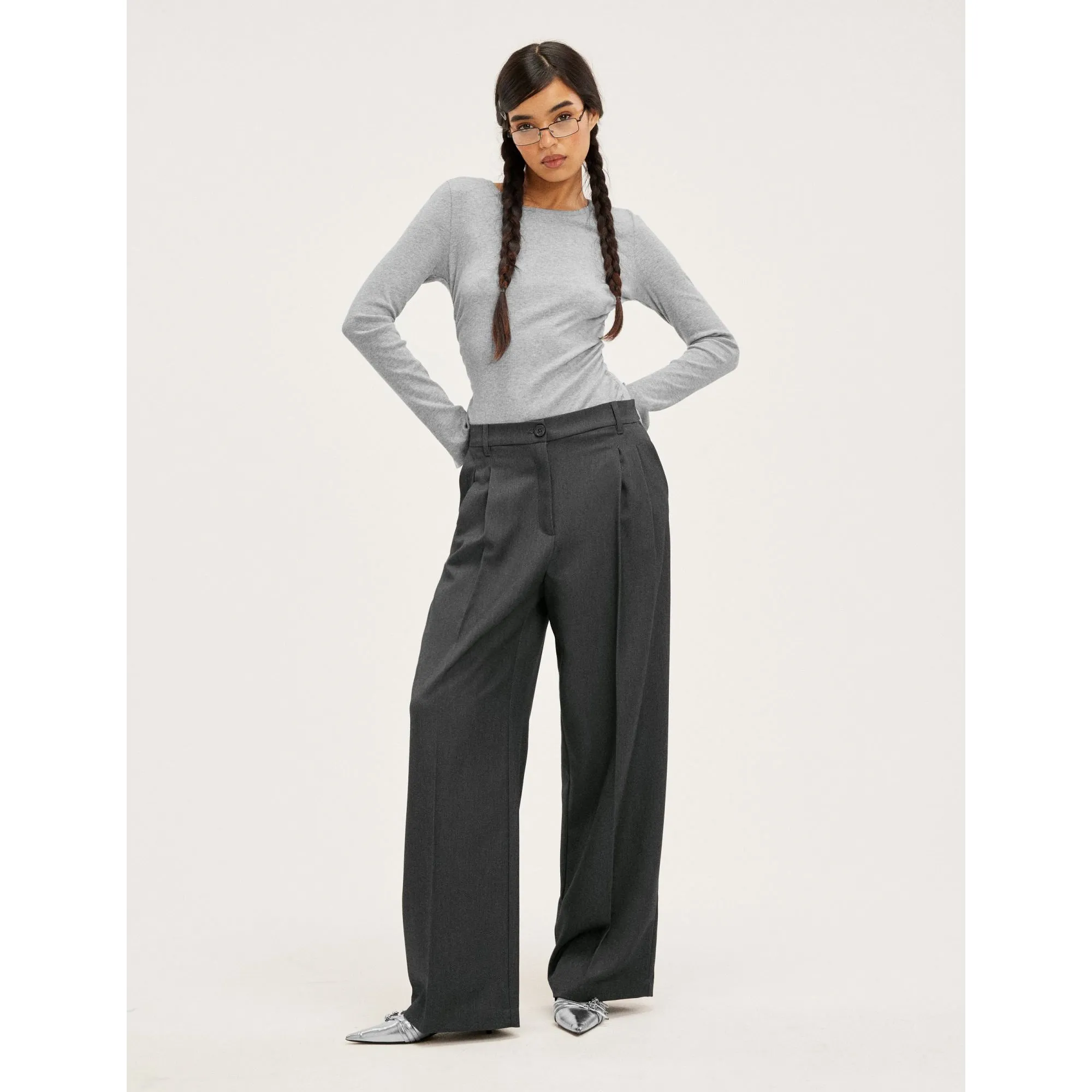 Monki High Waist Wide Leg Pants, dark gray