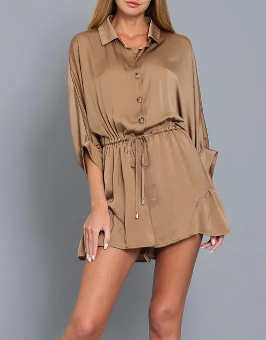 On the Town Satin Button Up Romper in Brown