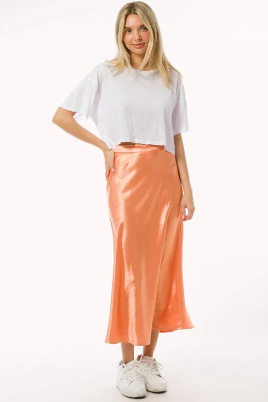 Peach Satin Midi A Line Slip Skirt