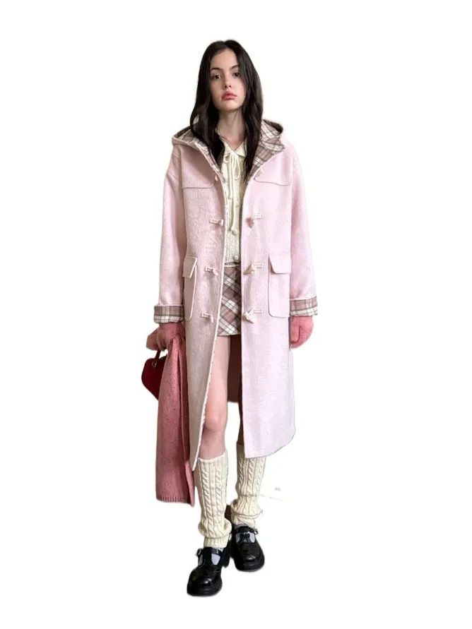 Pink & Gray Plaid Patchwork Toggle Long Coat