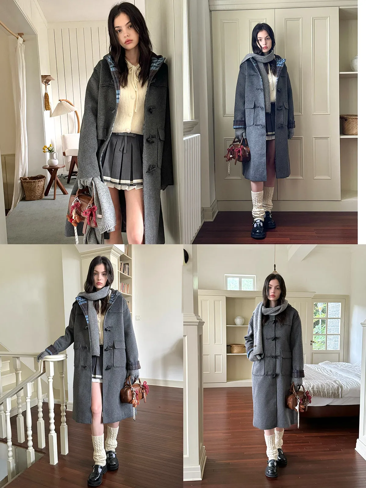 Pink & Gray Plaid Patchwork Toggle Long Coat