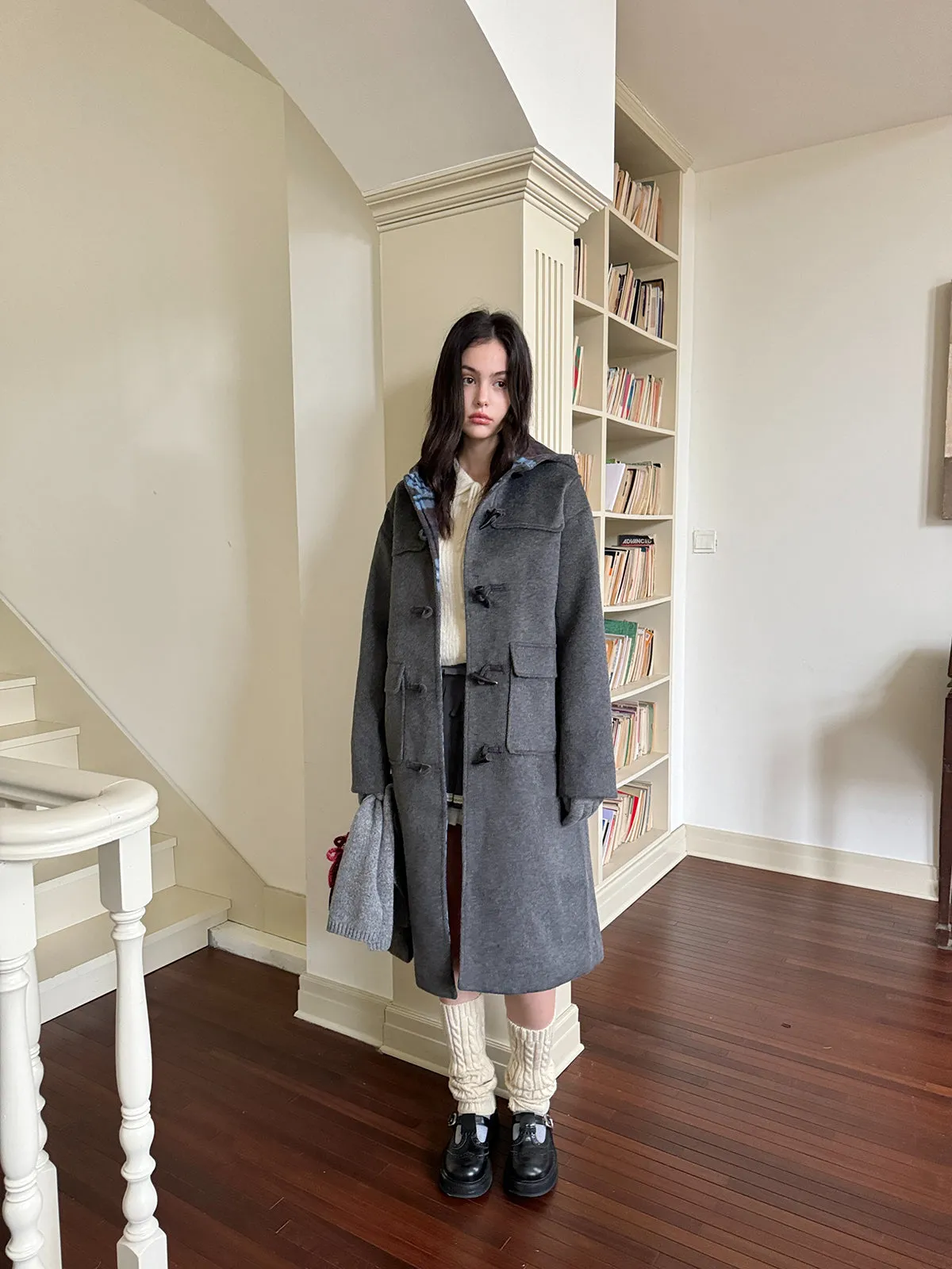 Pink & Gray Plaid Patchwork Toggle Long Coat