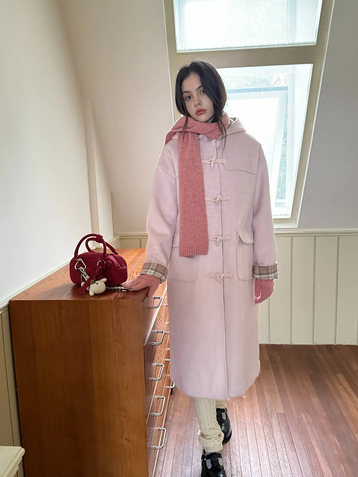 Pink & Gray Plaid Patchwork Toggle Long Coat