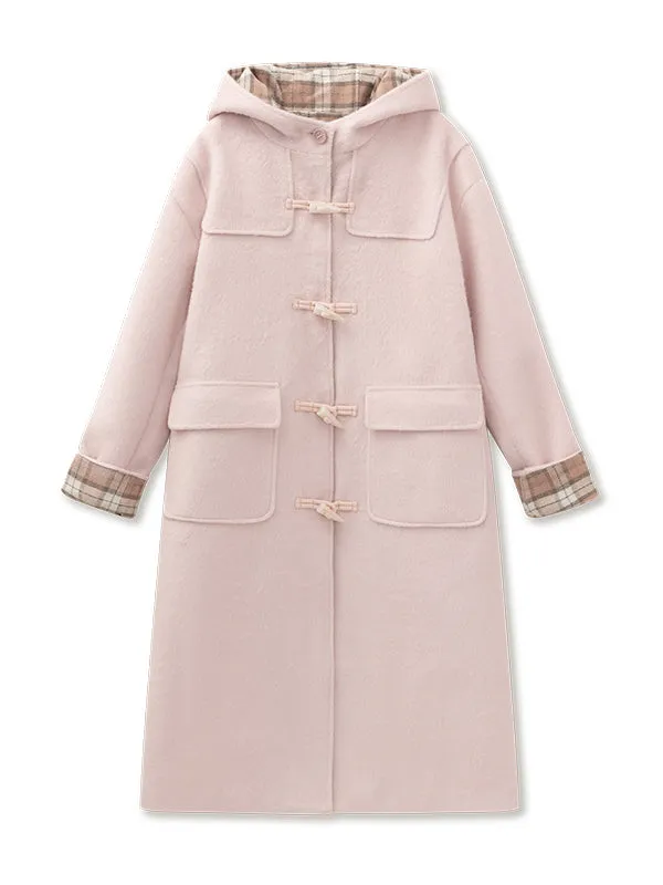 Pink & Gray Plaid Patchwork Toggle Long Coat