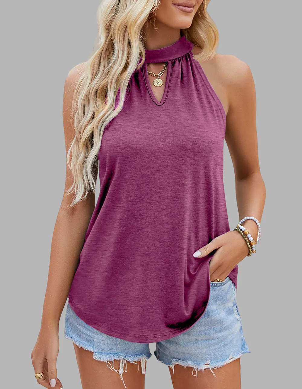 Plain Solid-color Tie-Back Sleeveless Loose Shirt