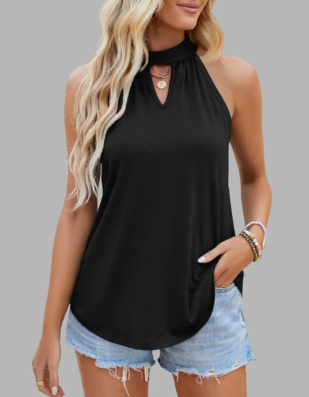 Plain Solid-color Tie-Back Sleeveless Loose Shirt