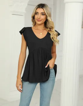 Plain Solid-color V Neck Ruffle Sleeveless Top