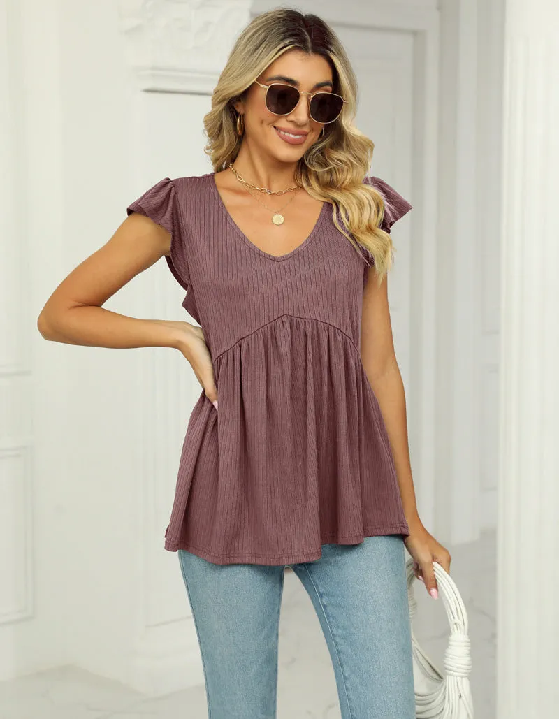 Plain Solid-color V Neck Ruffle Sleeveless Top