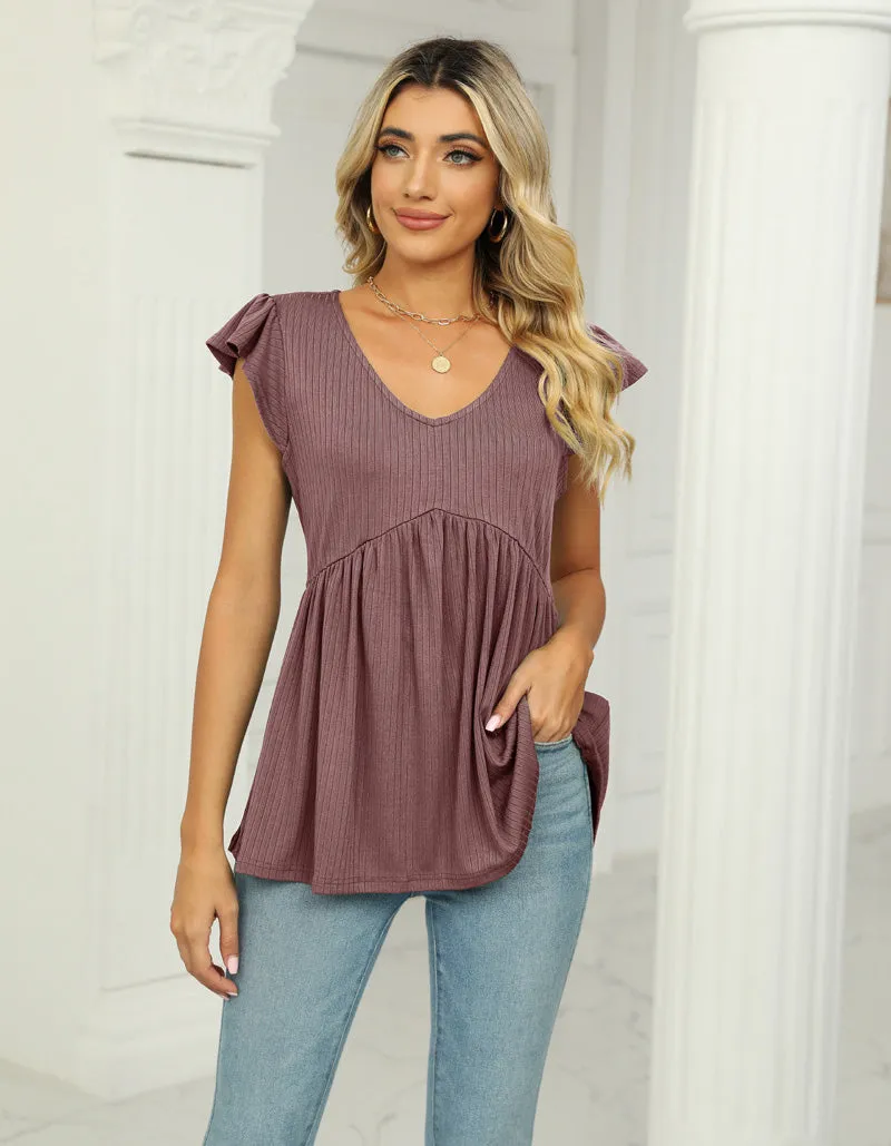 Plain Solid-color V Neck Ruffle Sleeveless Top