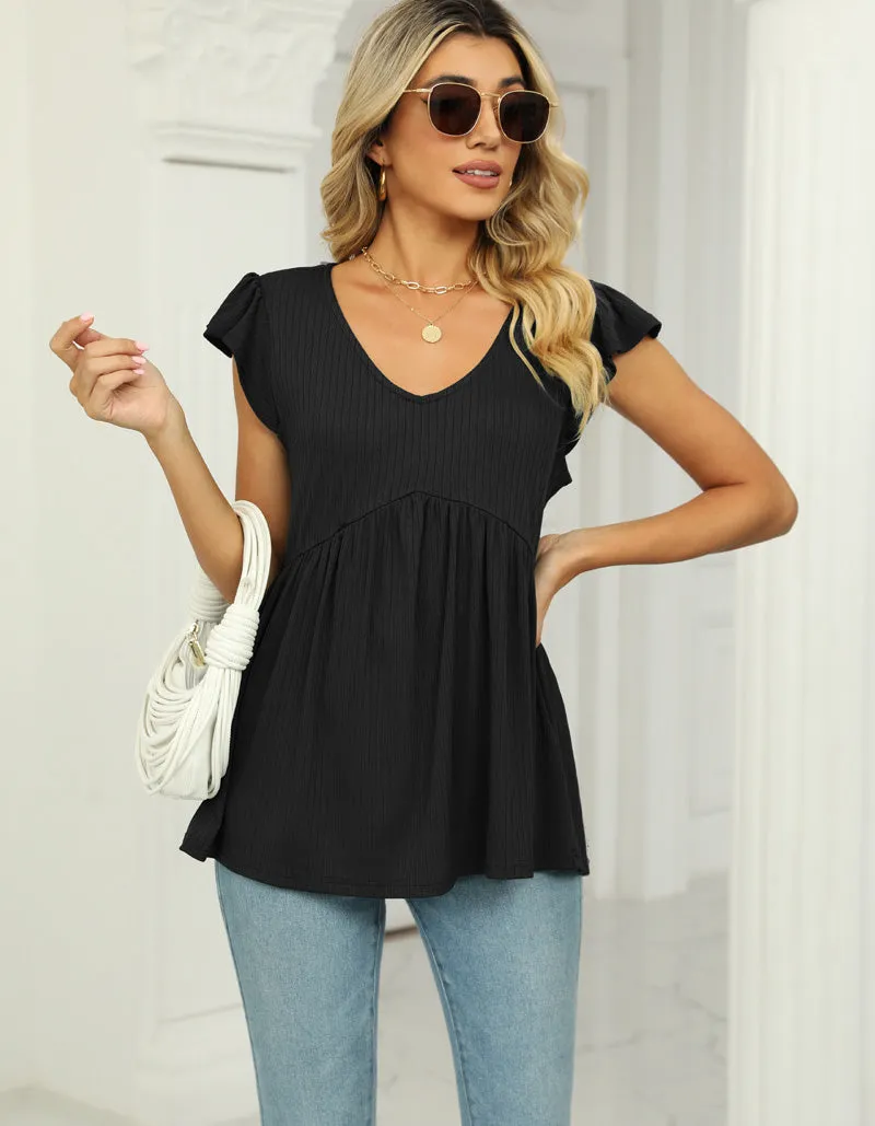 Plain Solid-color V Neck Ruffle Sleeveless Top