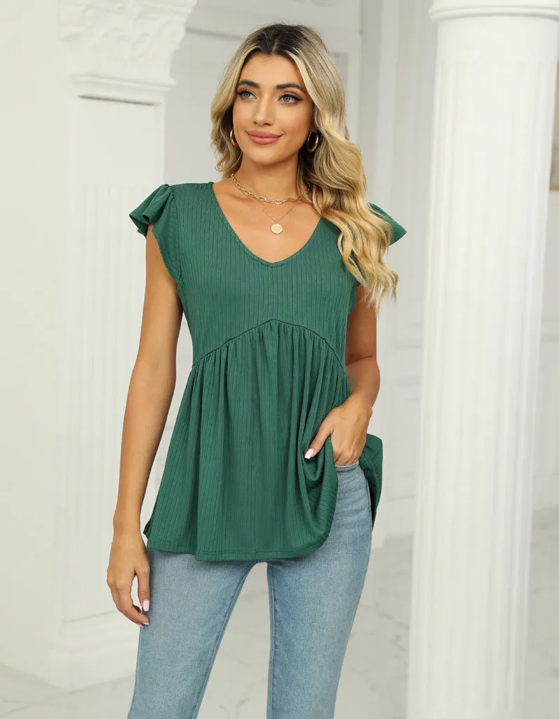 Plain Solid-color V Neck Ruffle Sleeveless Top