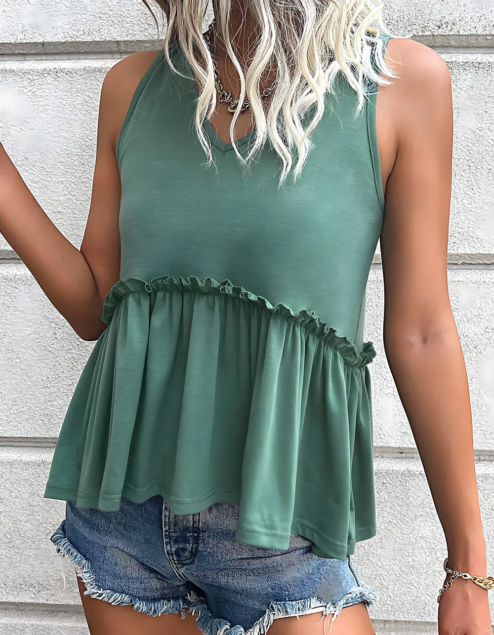 Plain V-Neck Patchwork Sleeveless Shirt