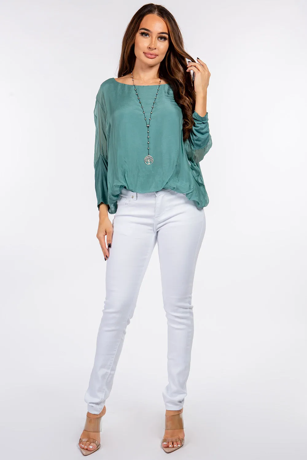 Raw Moda Solid Silk Elastic Sleeves Top