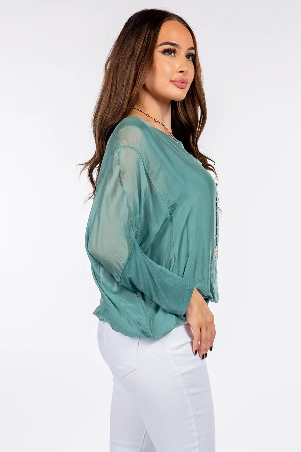 Raw Moda Solid Silk Elastic Sleeves Top